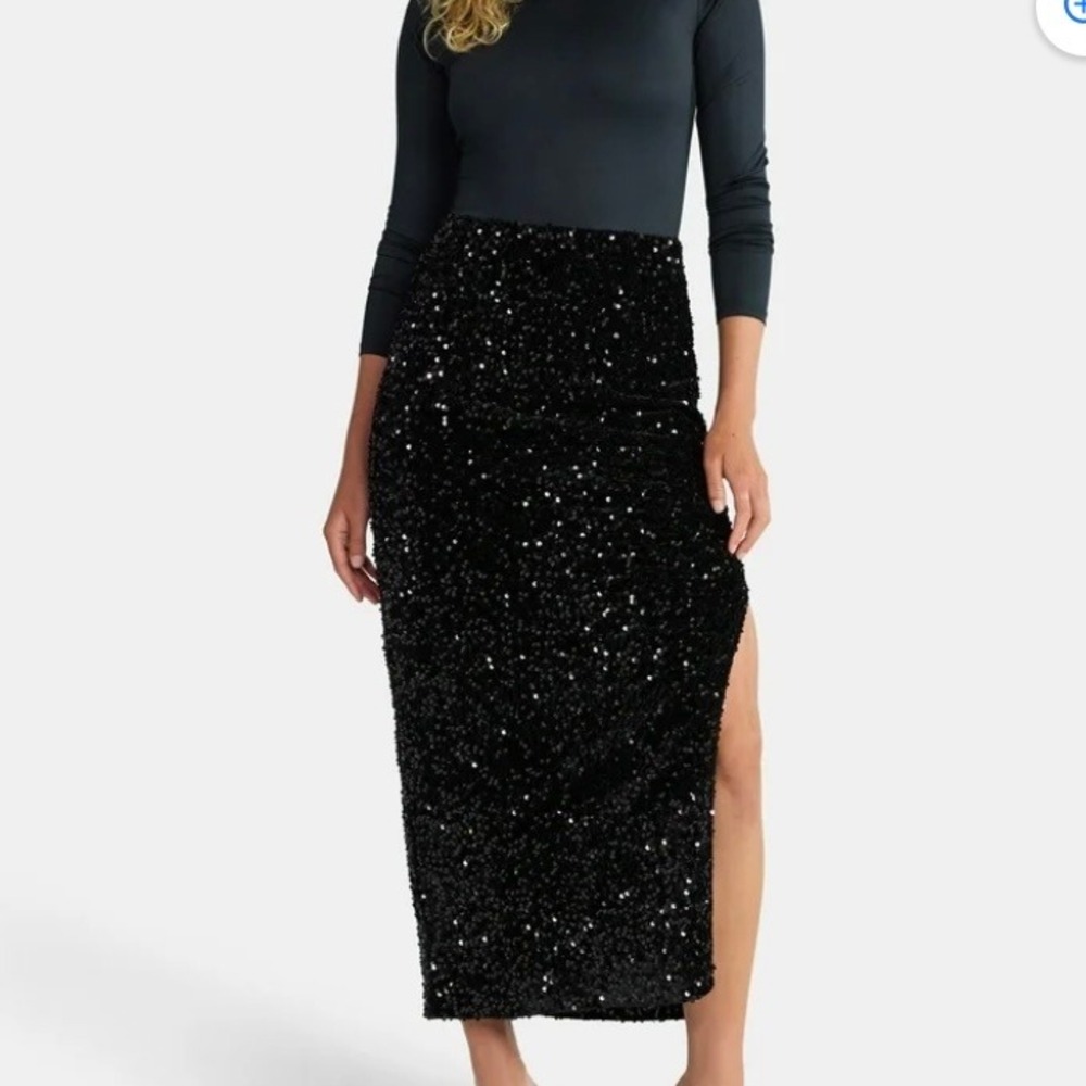 Madden NYC Black Sequin Velour Maxi Skirt Side Slit Womens Large - Picture 1 of 10